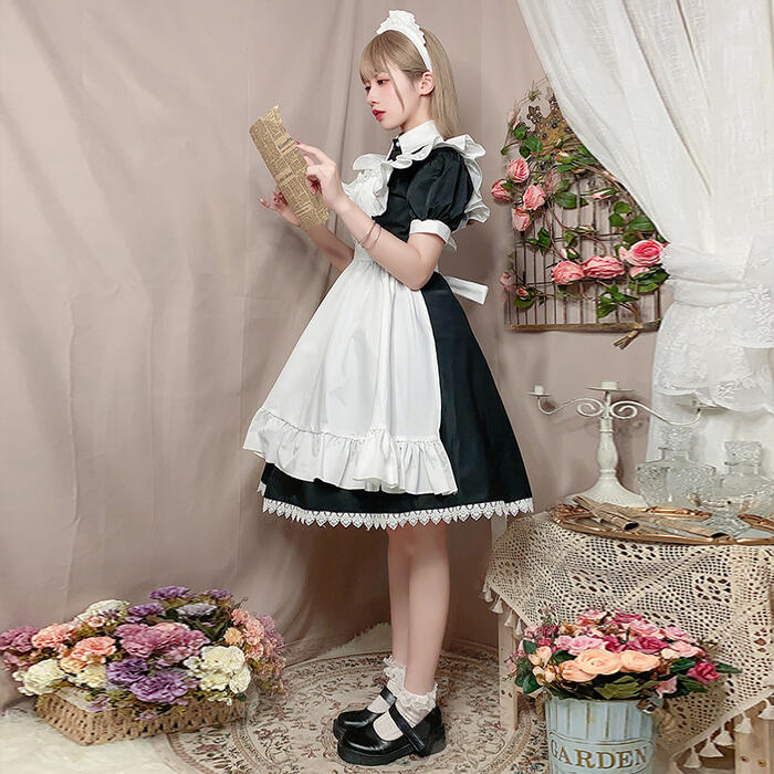 メイド服 高品質 エプロン ロリータ クラシック 膝丈 ワンピース コスプレ レディース 3点セット パフスリーブ ふんわり 可愛い メイド喫茶 メイドカフェ 制服 ロリィタ Lolita ゴス