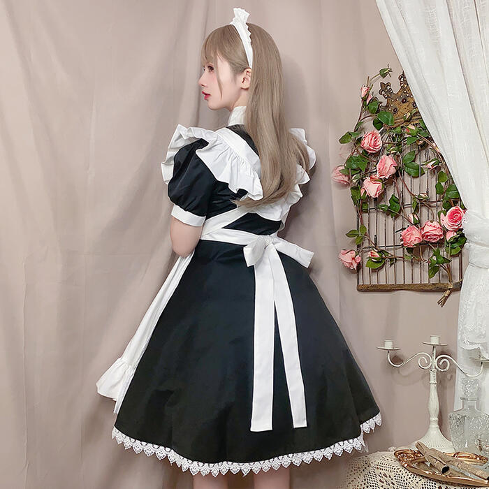 メイド服 高品質 エプロン ロリータ クラシック 膝丈 ワンピース コスプレ レディース 3点セット パフスリーブ ふんわり 可愛い メイド喫茶 メイドカフェ 制服 ロリィタ Lolita ゴス