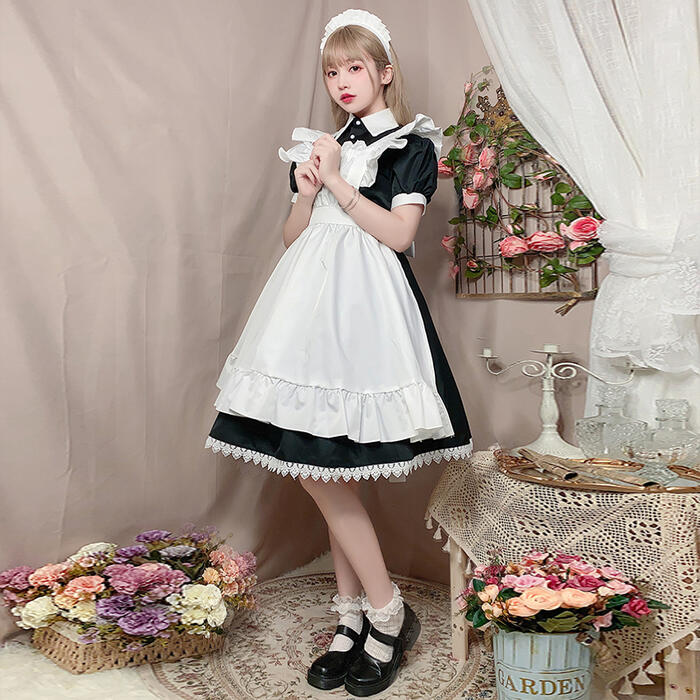 メイド服 高品質 エプロン ロリータ クラシック 膝丈 ワンピース コスプレ レディース 3点セット パフスリーブ ふんわり 可愛い メイド喫茶 メイドカフェ 制服 ロリィタ Lolita ゴス