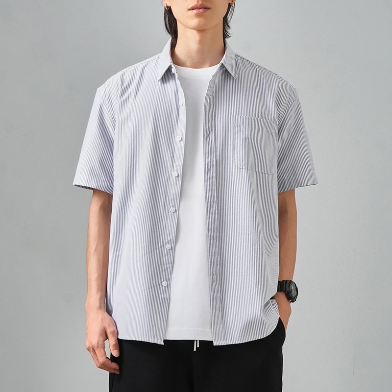 オックスフォード純綿青白ストライプシャツメンズ半袖日本製ブルージャケットシティボーイ学生用高級シャツ