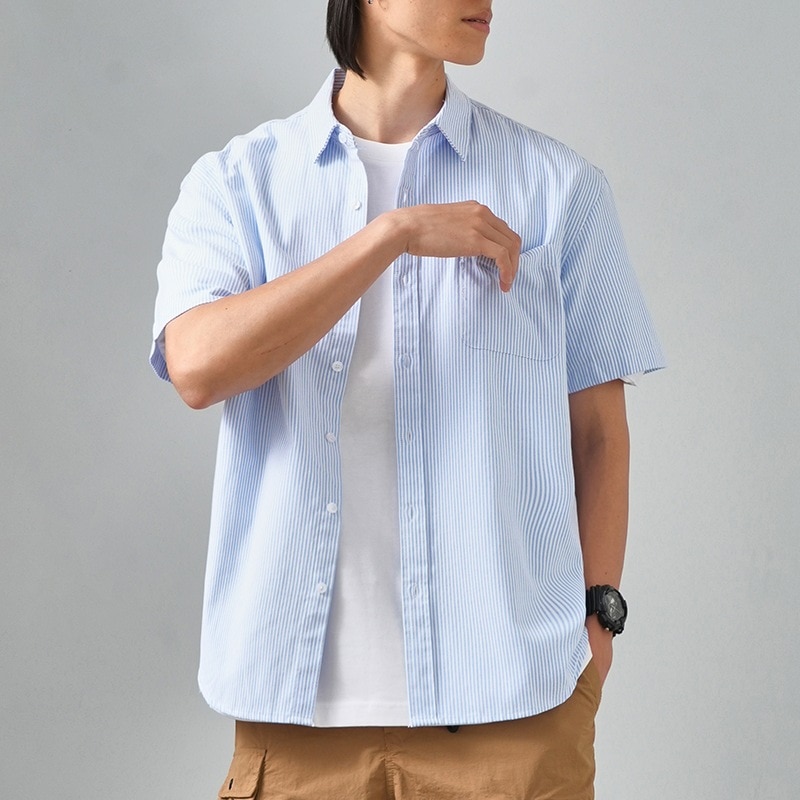 オックスフォード純綿青白ストライプシャツメンズ半袖日本製ブルージャケットシティボーイ学生用高級シャツ