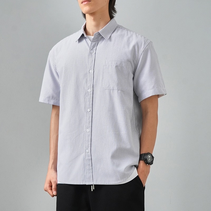 オックスフォード純綿青白ストライプシャツメンズ半袖日本製ブルージャケットシティボーイ学生用高級シャツ