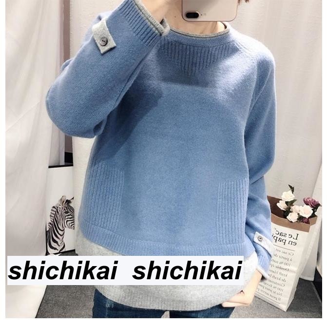 ニットセーター レディース 偽二枚 セーター ラウンドネック ニット ラグランスリーブ レディースセーター フェイクレイヤード お洒落 プレゼント