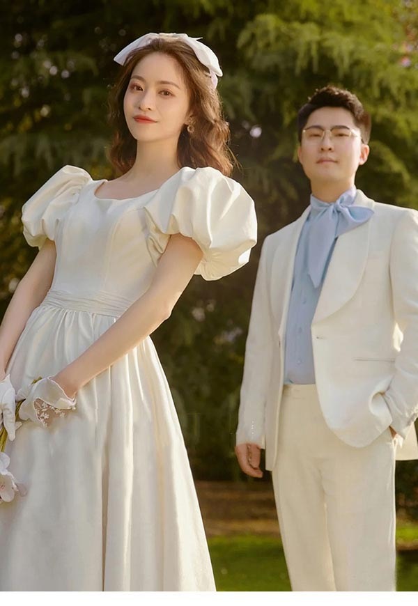 ウェディングドレス 結婚式 母親 ドレス 花嫁 ミモレ丈 ミディ丈 パッド付き Aライン プリンセスライン オープンバッグ バックレス パフスリーブ バルーン袖 アンティーク クラシカル サテン ガー_7