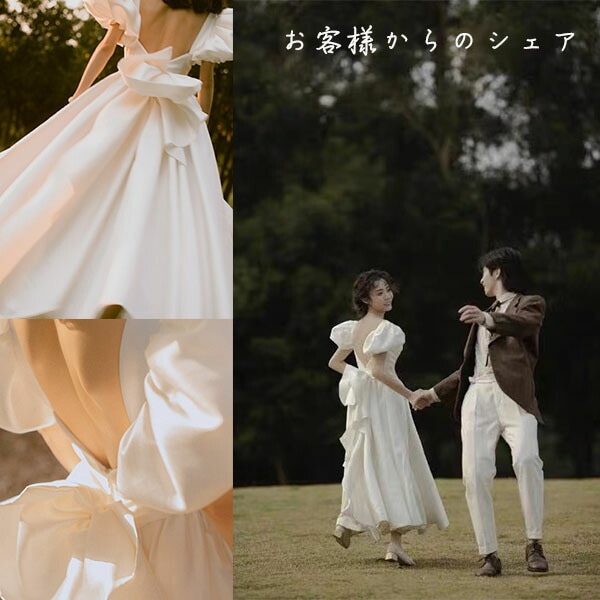 ウェディングドレス 結婚式 母親 ドレス 花嫁 ミモレ丈 ミディ丈 パッド付き Aライン プリンセスライン オープンバッグ バックレス パフスリーブ バルーン袖 アンティーク クラシカル サテン ガー_10