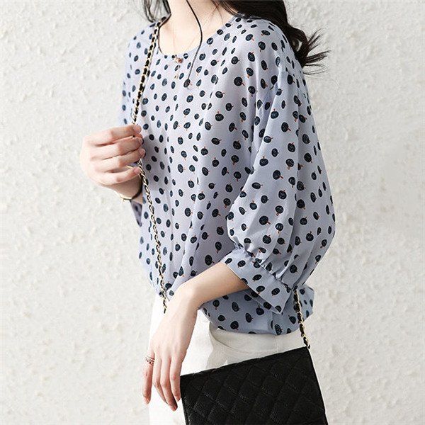 水玉 ブラウス Tシャツ トップス チュニック 夏 体型カバー レディース シフォン シャツ 春夏 フルーツ柄 水玉柄 丸首 柄シャツ 7分袖 おしゃれ 通勤 ゆったり 夏ブラウス 半袖シャツ 半袖