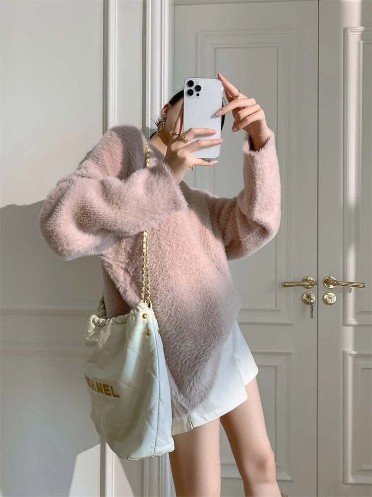 セーター レディース ニット トップス きれいめ シャギー 冬 秋冬 秋 冬 Vネック 白 ブラウン ピンク 大人 おしゃれ カラー 厚手 もこもこ