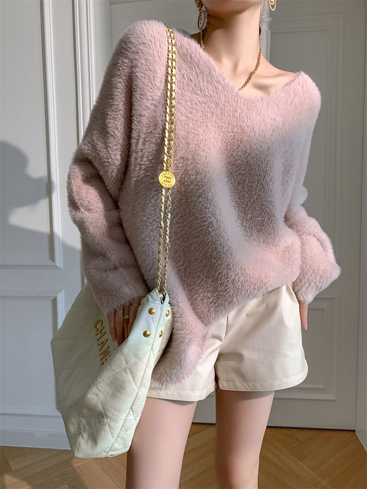 セーター レディース ニット トップス きれいめ シャギー 冬 秋冬 秋 冬 Vネック 白 ブラウン ピンク 大人 おしゃれ カラー 厚手 もこもこ