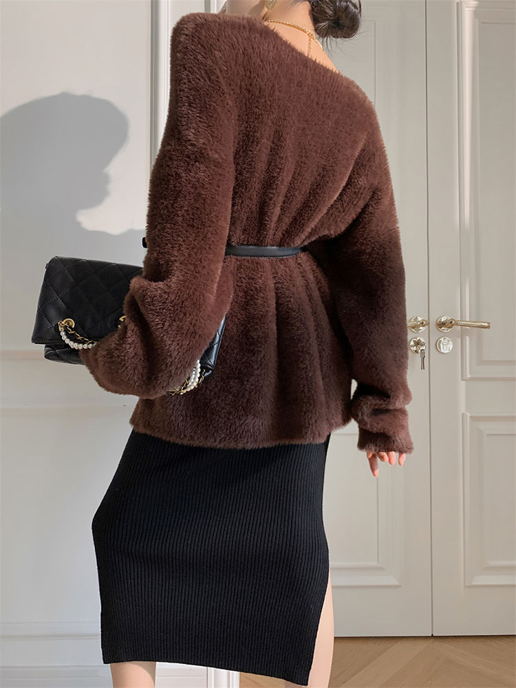 セーター レディース ニット トップス きれいめ シャギー 冬 秋冬 秋 冬 Vネック 白 ブラウン ピンク 大人 おしゃれ カラー 厚手 もこもこ