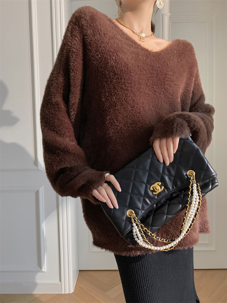 セーター レディース ニット トップス きれいめ シャギー 冬 秋冬 秋 冬 Vネック 白 ブラウン ピンク 大人 おしゃれ カラー 厚手 もこもこ