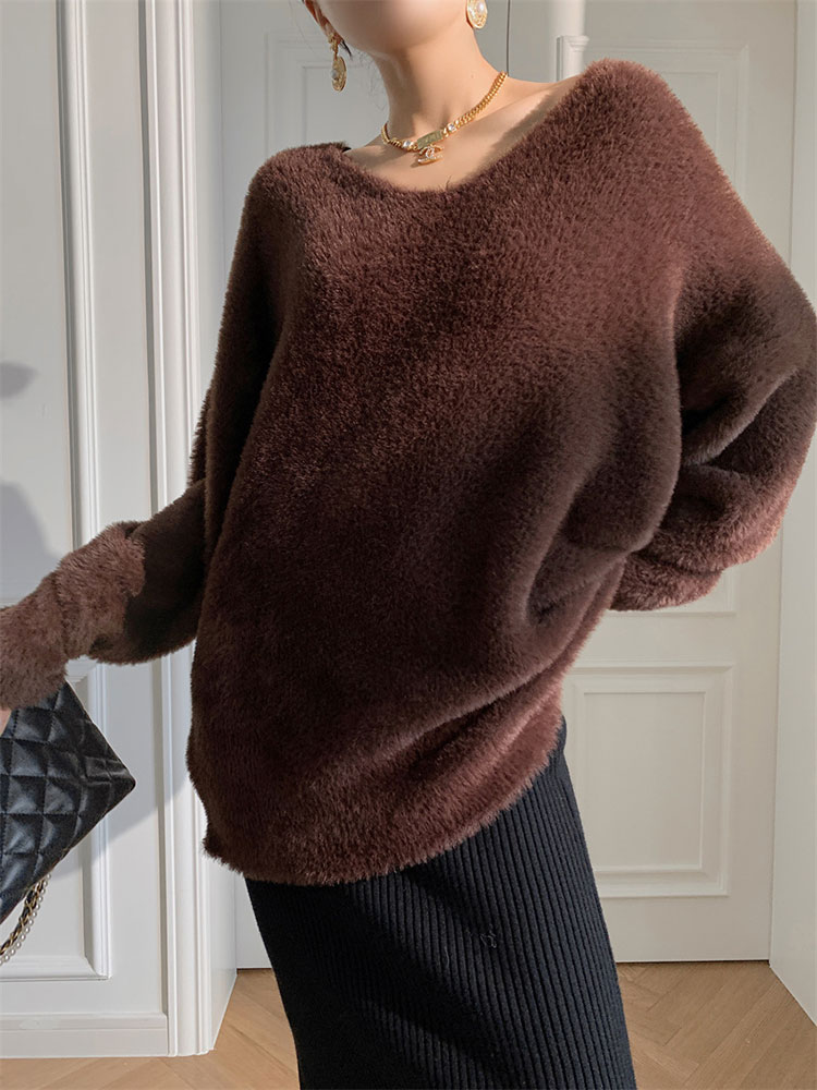 セーター レディース ニット トップス きれいめ シャギー 冬 秋冬 秋 冬 Vネック 白 ブラウン ピンク 大人 おしゃれ カラー 厚手 もこもこ