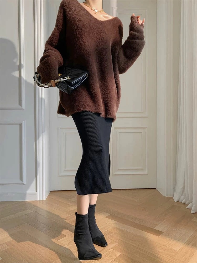 セーター レディース ニット トップス きれいめ シャギー 冬 秋冬 秋 冬 Vネック 白 ブラウン ピンク 大人 おしゃれ カラー 厚手 もこもこ