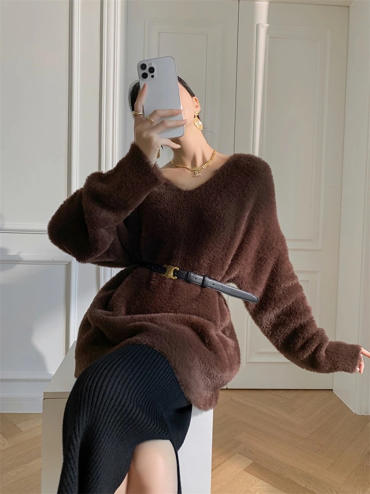 セーター レディース ニット トップス きれいめ シャギー 冬 秋冬 秋 冬 Vネック 白 ブラウン ピンク 大人 おしゃれ カラー 厚手 もこもこ