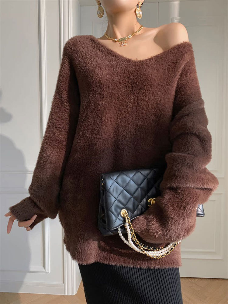 セーター レディース ニット トップス きれいめ シャギー 冬 秋冬 秋 冬 Vネック 白 ブラウン ピンク 大人 おしゃれ カラー 厚手 もこもこ