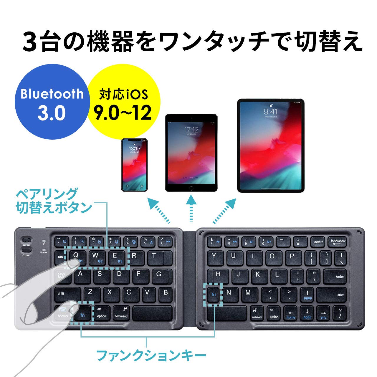 サンワサプライ 折りたたみ式Bluetoothキーボード iOS対応 パンタグラフ 英語配列67キー SKB-BT30BK 81977
