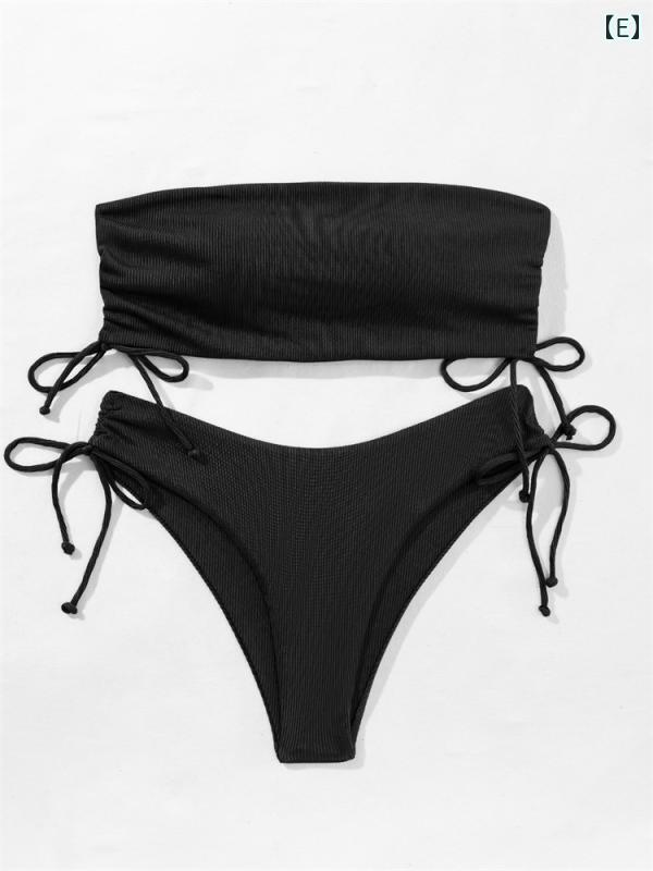 ビキニ レディース水着 夏 セパレート 胸パッド有り ワイヤー無し バンドゥ 海 プール 温泉 リゾート 旅行 レジャー シンプル セクシー 赤 青 茶 無地