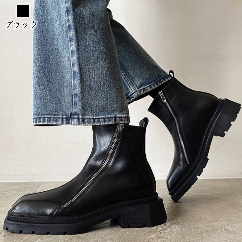ブーツ メンズ スクエアトゥ厚底ブーツ 冬 完全 ファスナー 革 暖かい 本革 セット レザー シューズ 滑らない あったか 防寒 モード 防水 スエード 軽い 人気 幅広 大人 秋 ブランド 黒 ジ
