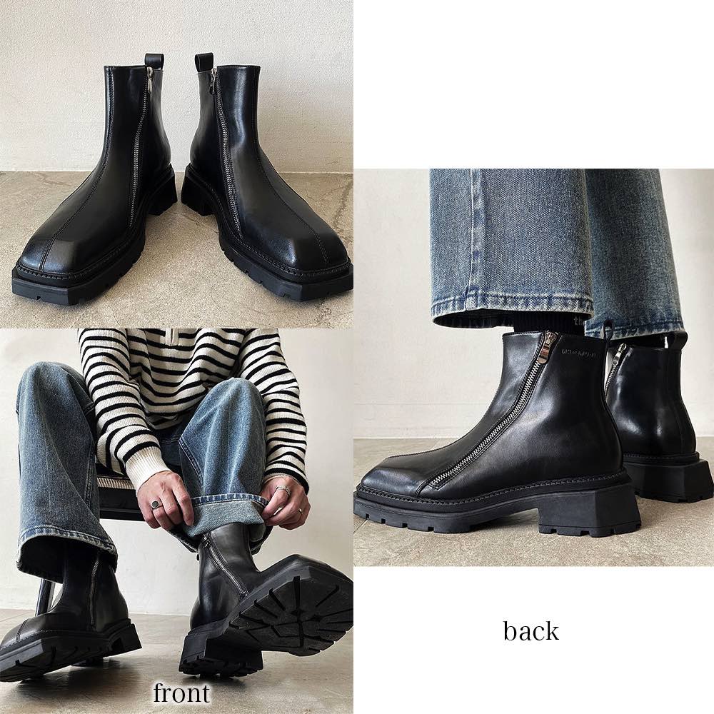 ブーツ メンズ スクエアトゥ厚底ブーツ 冬 完全 ファスナー 革 暖かい 本革 セット レザー シューズ 滑らない あったか 防寒 モード 防水 スエード 軽い 人気 幅広 大人 秋 ブランド 黒 ジ