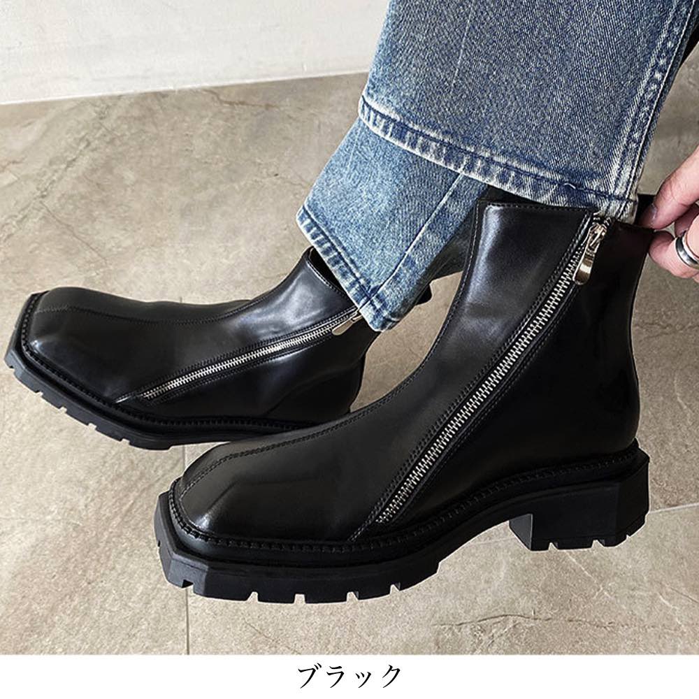 ブーツ メンズ スクエアトゥ厚底ブーツ 冬 完全 ファスナー 革 暖かい 本革 セット レザー シューズ 滑らない あったか 防寒 モード 防水 スエード 軽い 人気 幅広 大人 秋 ブランド 黒 ジ