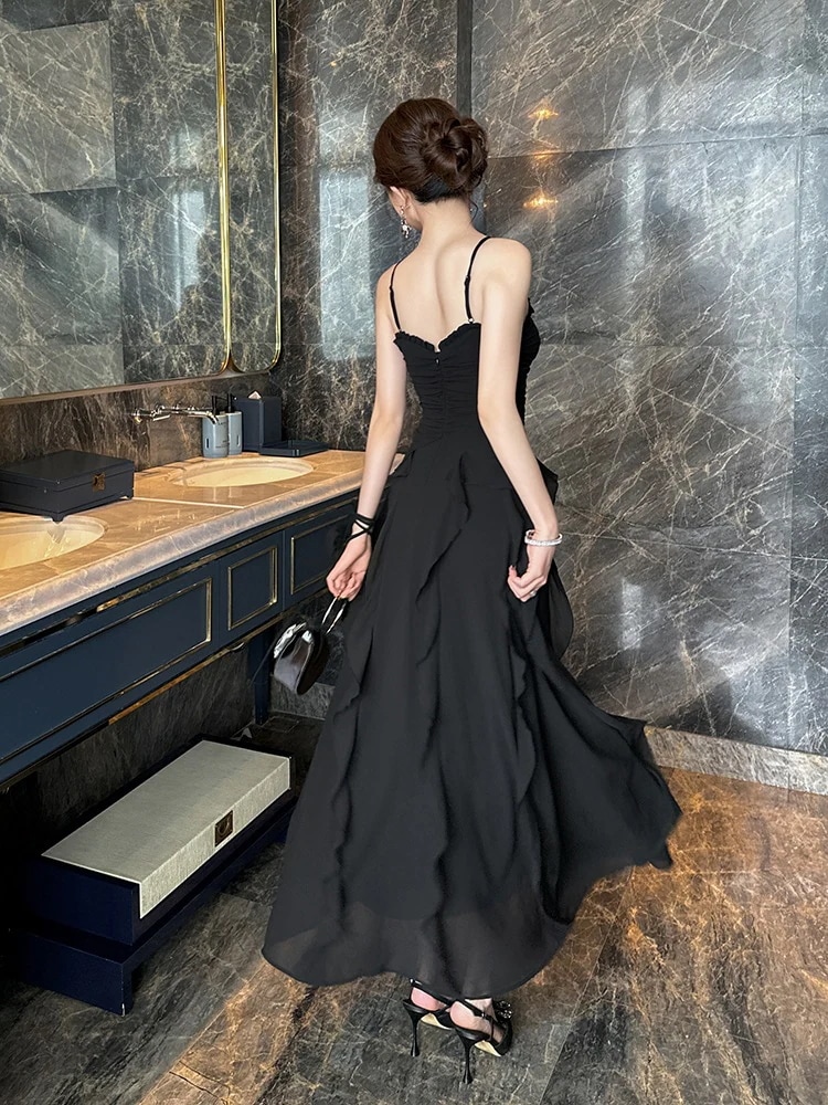 【3日で出荷】夏新品 Vネック バックレス フリル ロング シフォン キャミワンピース ドレス パーティー キャバ 大人 同窓会 披露宴 卒業式 結婚式 演奏会 ウェディング 二次会 メガ割