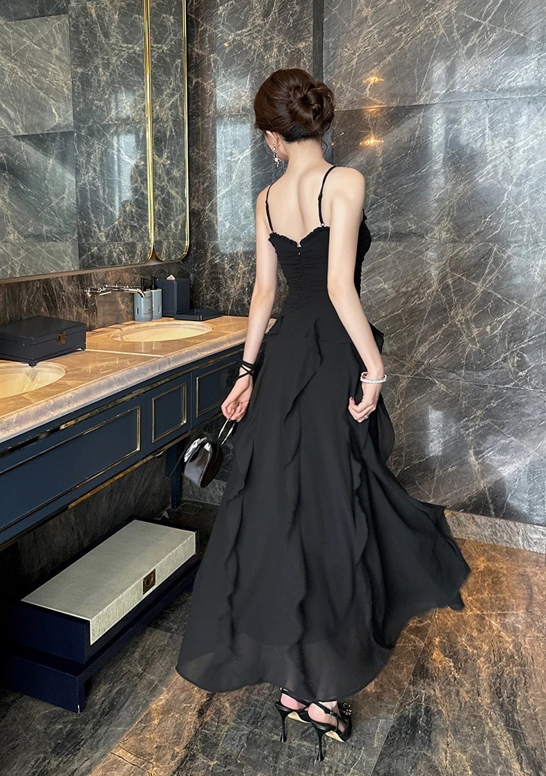 【3日で出荷】夏新品 Vネック バックレス フリル ロング シフォン キャミワンピース ドレス パーティー キャバ 大人 同窓会 披露宴 卒業式 結婚式 演奏会 ウェディング 二次会 メガ割