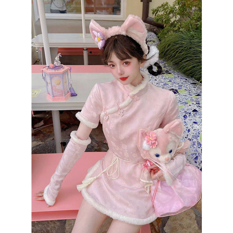 レトロな甘いスタンドカラーの秋と冬のバックルウエストタイの新しい風の豪華なレースの半袖の袖のショートパンツスーツ 母の日 母の日-0008573 レトロな甘いスタンドカラーの秋と冬のバックルウエストタイの新しい風の豪華なレースの半袖の袖のショートパンツスーツ 母の日 母の日-0008573