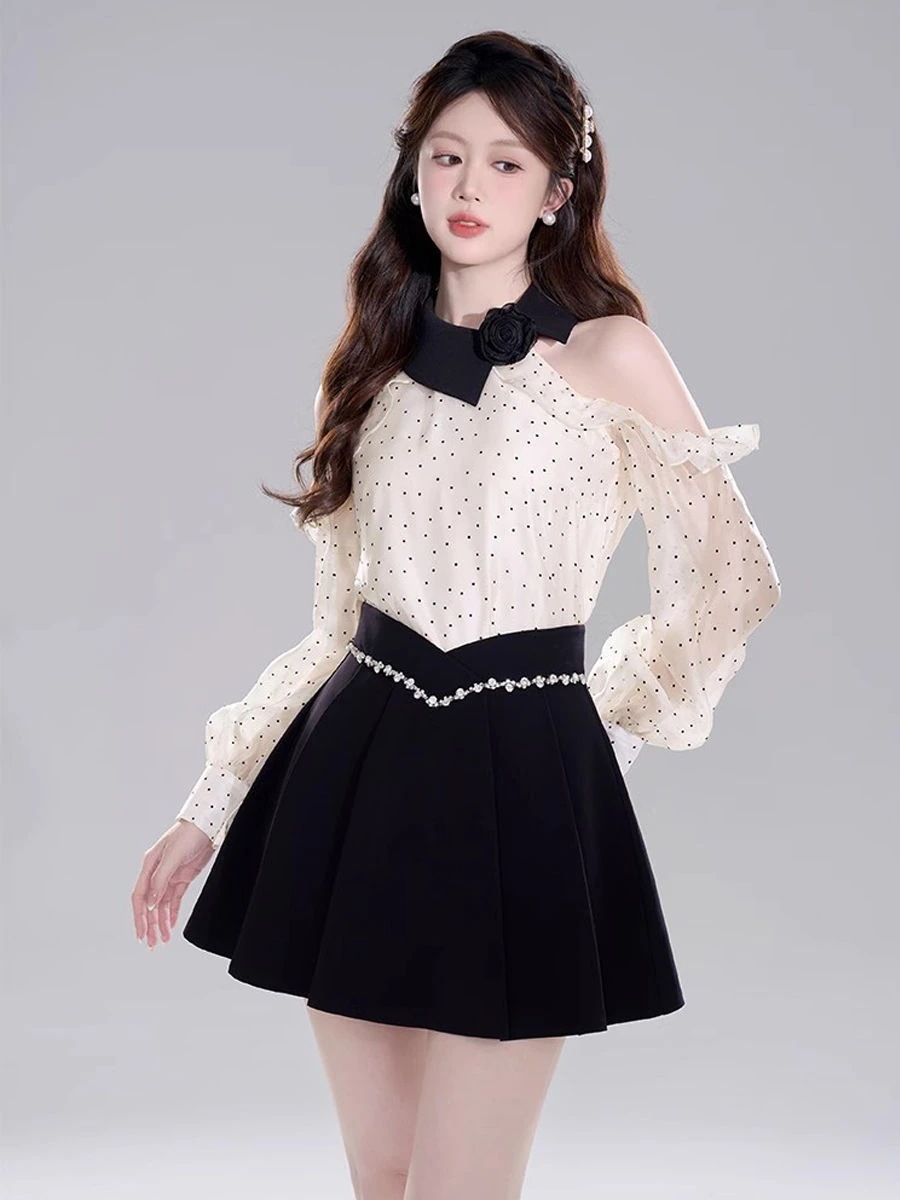 肩出しドット長袖シャツフリルシフォントップスで上半身見せスカートセットアップ レディース 肩出しドット長袖シャツフリルシフォントップスで上半身見せスカートセットアップ レディース