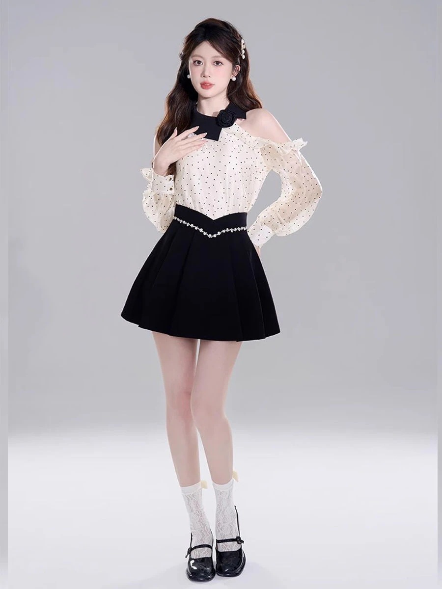 肩出しドット長袖シャツフリルシフォントップスで上半身見せスカートセットアップ レディース 肩出しドット長袖シャツフリルシフォントップスで上半身見せスカートセットアップ レディース
