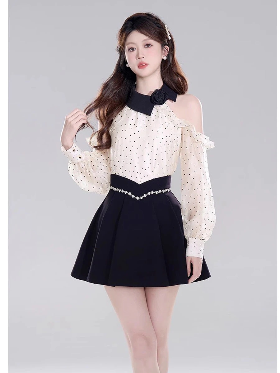 肩出しドット長袖シャツフリルシフォントップスで上半身見せスカートセットアップ レディース 肩出しドット長袖シャツフリルシフォントップスで上半身見せスカートセットアップ レディース