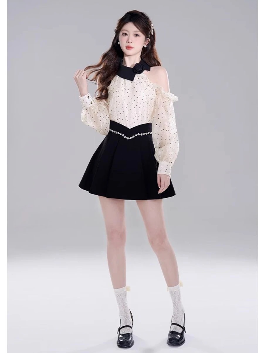 肩出しドット長袖シャツフリルシフォントップスで上半身見せスカートセットアップ レディース 肩出しドット長袖シャツフリルシフォントップスで上半身見せスカートセットアップ レディース