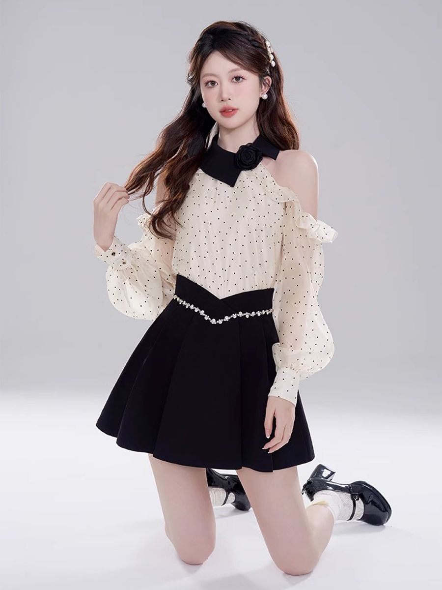 肩出しドット長袖シャツフリルシフォントップスで上半身見せスカートセットアップ レディース 肩出しドット長袖シャツフリルシフォントップスで上半身見せスカートセットアップ レディース