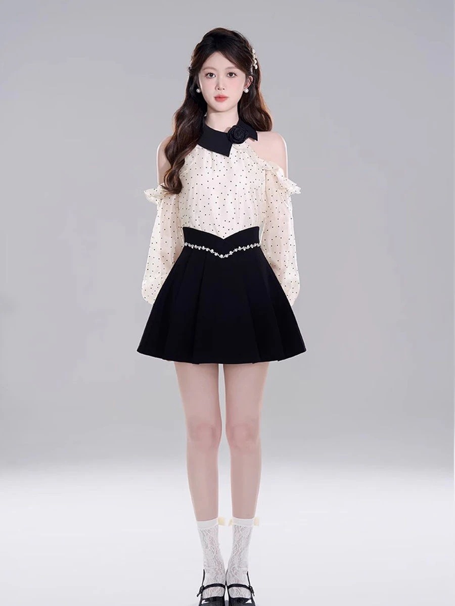 肩出しドット長袖シャツフリルシフォントップスで上半身見せスカートセットアップ レディース 肩出しドット長袖シャツフリルシフォントップスで上半身見せスカートセットアップ レディース