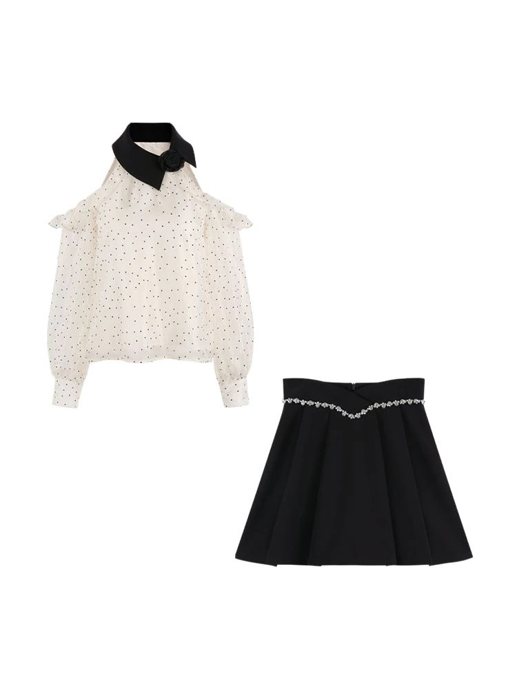 肩出しドット長袖シャツフリルシフォントップスで上半身見せスカートセットアップ レディース 肩出しドット長袖シャツフリルシフォントップスで上半身見せスカートセットアップ レディース
