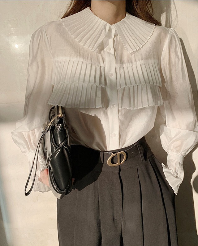 【送料無料】レディース プリーツラペル長袖シャツ シースルー フリルスリーブ フレンチスタイル