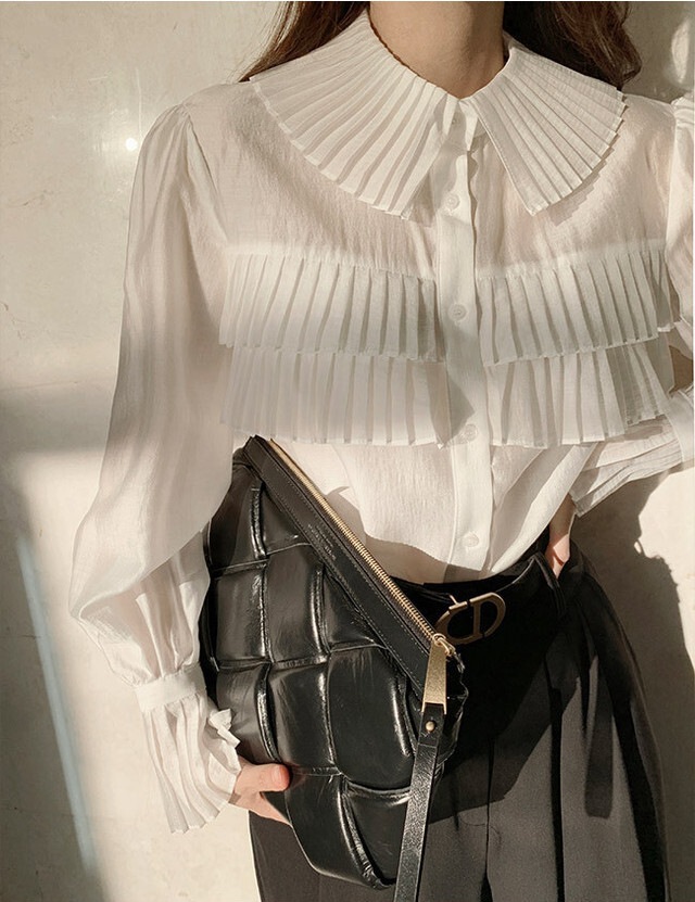 【送料無料】レディース プリーツラペル長袖シャツ シースルー フリルスリーブ フレンチスタイル