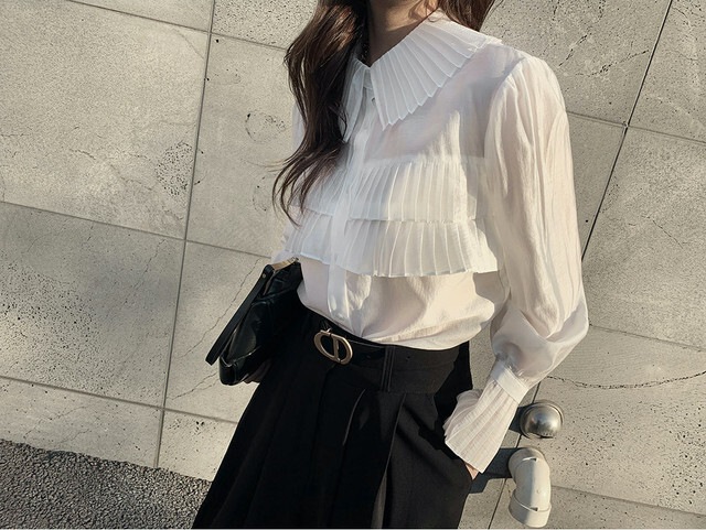 【送料無料】レディース プリーツラペル長袖シャツ シースルー フリルスリーブ フレンチスタイル