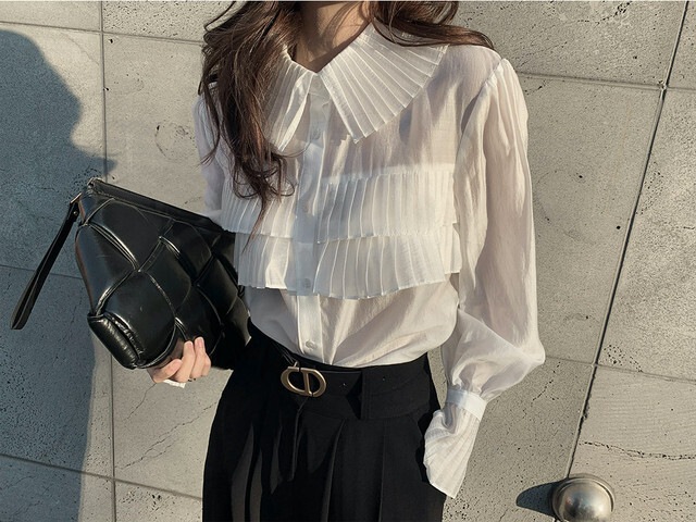 【送料無料】レディース プリーツラペル長袖シャツ シースルー フリルスリーブ フレンチスタイル
