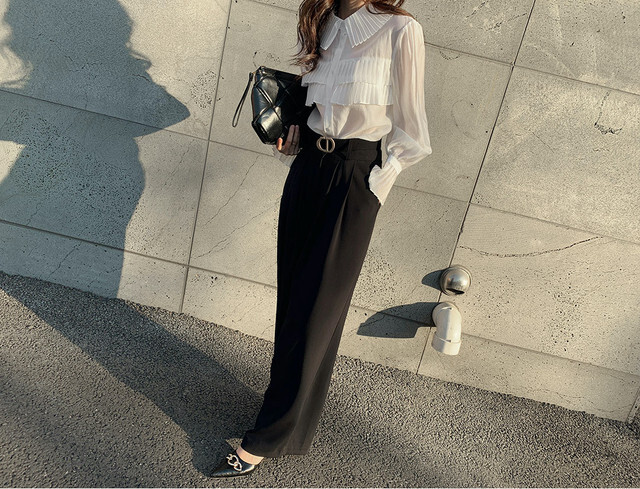 【送料無料】レディース プリーツラペル長袖シャツ シースルー フリルスリーブ フレンチスタイル