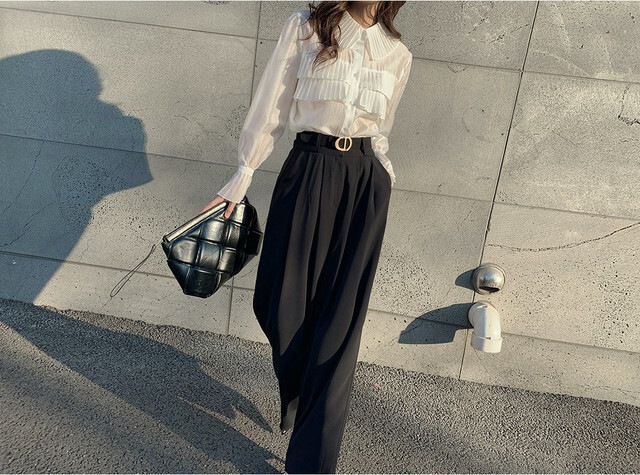 【送料無料】レディース プリーツラペル長袖シャツ シースルー フリルスリーブ フレンチスタイル