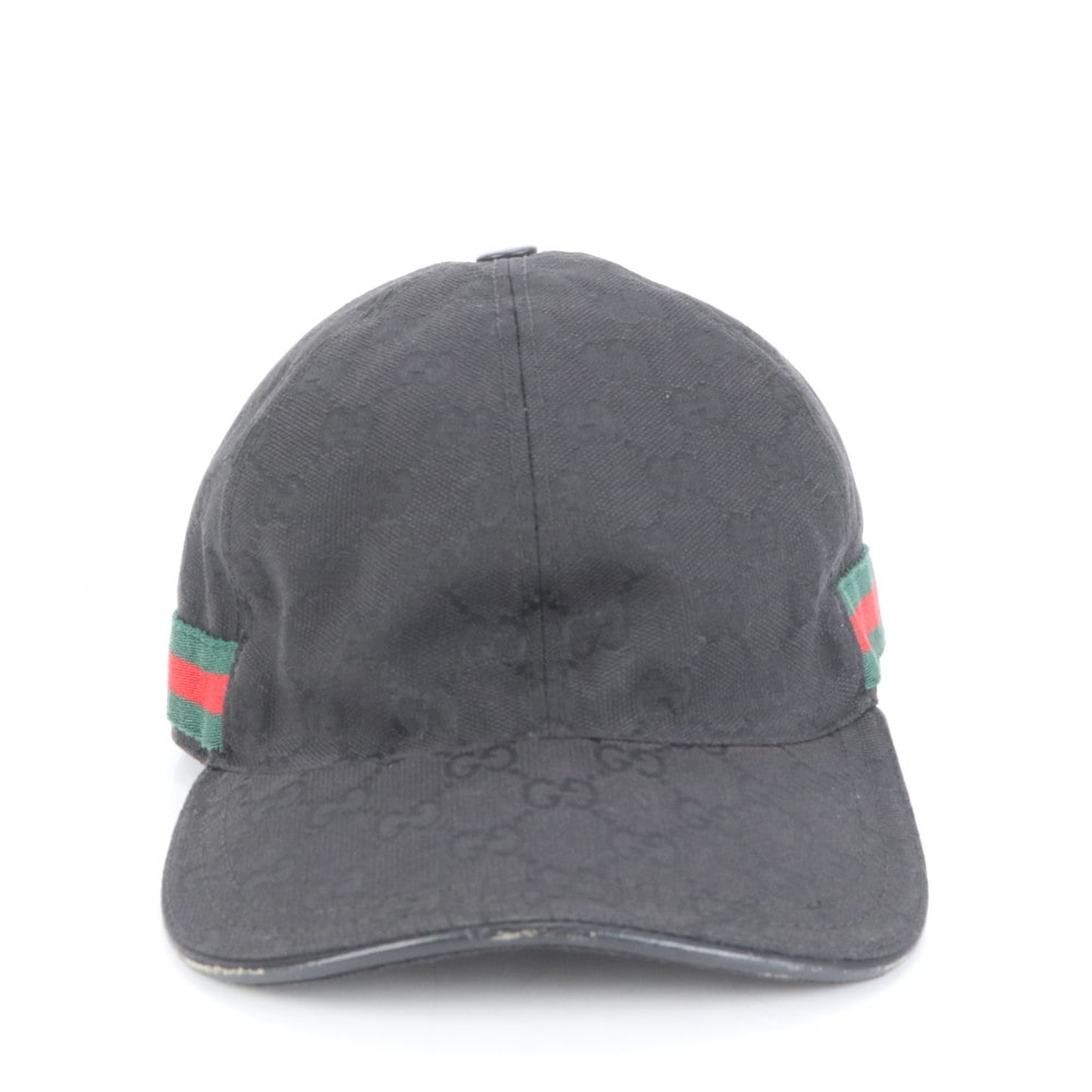 極美品 GGキャンバス シェリー ライン ベースボール 帽子 ブラック 黒 ファッション レザー×キャンバス キャップ メンズ RUE CQ3-4 中古