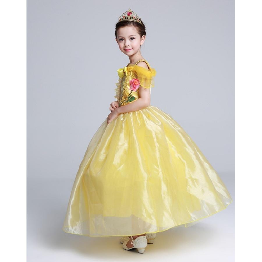 [即纳]新作先行発売ベル ドレス 子供 コスプレ 衣装 美女と野獣 豪華４点 セット ( プリンセス ドレス ティアラ グローブ 薔薇のお花 ) 100 110 120 130 140【短納期】