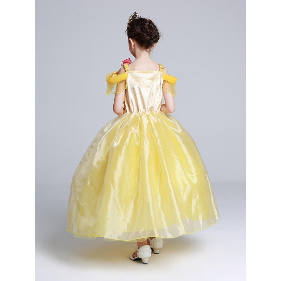 [即纳]新作先行発売ベル ドレス 子供 コスプレ 衣装 美女と野獣 豪華４点 セット ( プリンセス ドレス ティアラ グローブ 薔薇のお花 ) 100 110 120 130 140【短納期】