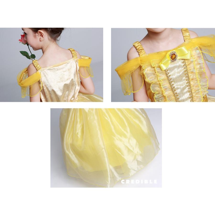 [即纳]新作先行発売ベル ドレス 子供 コスプレ 衣装 美女と野獣 豪華４点 セット ( プリンセス ドレス ティアラ グローブ 薔薇のお花 ) 100 110 120 130 140【短納期】