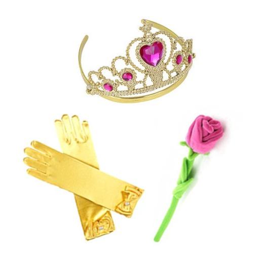 [即纳]新作先行発売ベル ドレス 子供 コスプレ 衣装 美女と野獣 豪華４点 セット ( プリンセス ドレス ティアラ グローブ 薔薇のお花 ) 100 110 120 130 140【短納期】