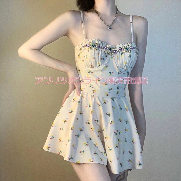 レディース 水着 ママ水着 オールインワン 2点セット トップス スカート 袖無し ノースリーブ 韓国風 花柄 体型カバー 露出控えめ 日焼け防止 お洒落 お腹 パッド付き 夏 旅行 プール ビーチ