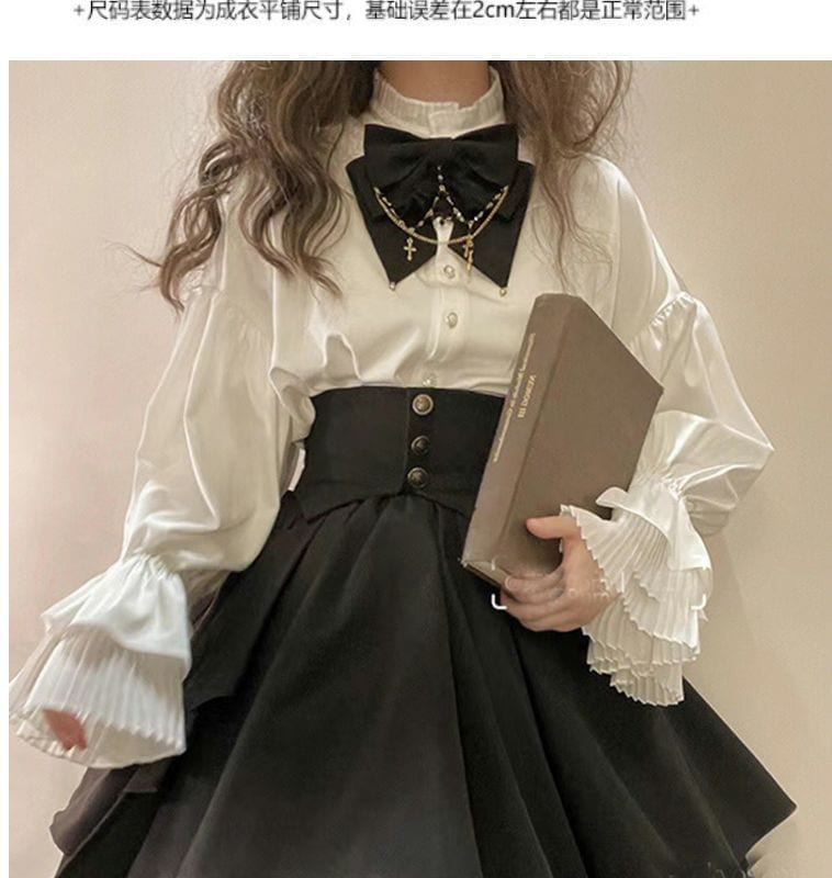 【急速出荷!】ゴシック風 ロリータワンピース二点セット セットパフスリーブシャツウエストSKオルガンギャザースカートロリータ韓国ファッションッ