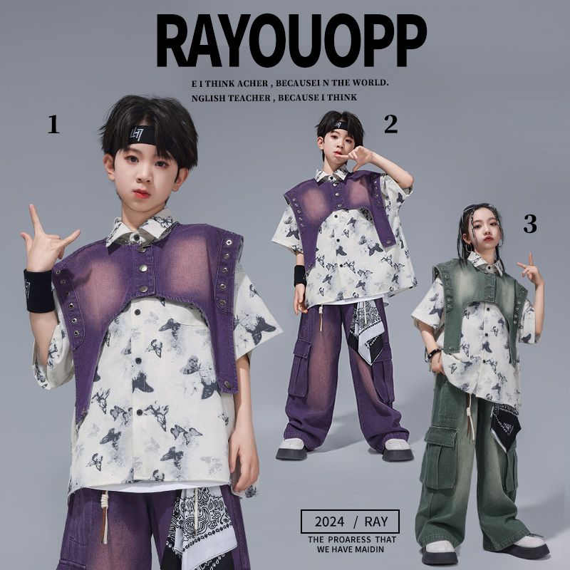 街舞児童潮服揚げ街馬甲セット夏少年hiphop演出服男女童ヒップホップ演出服