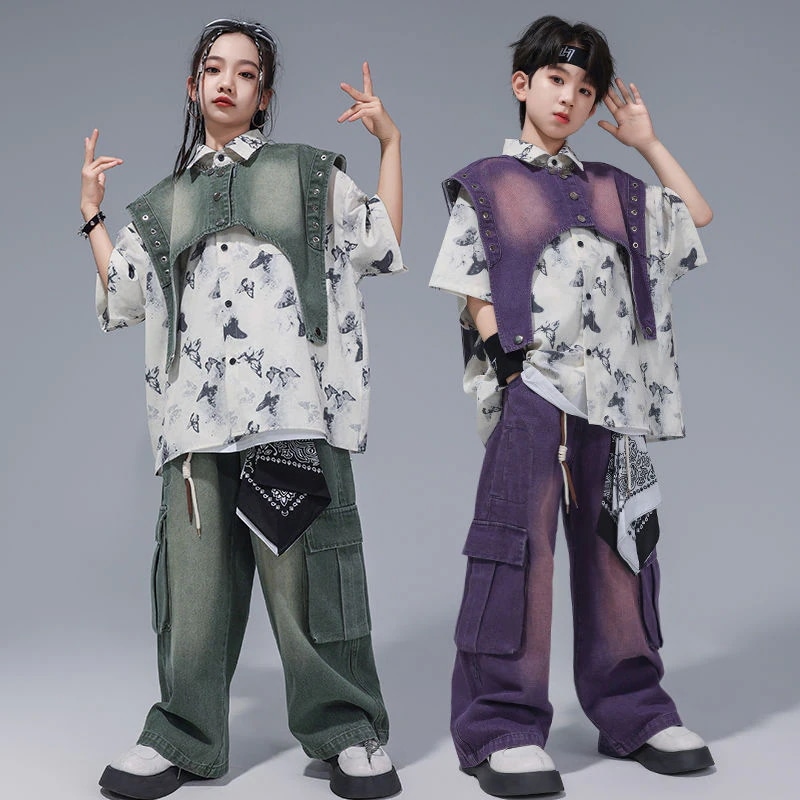 街舞児童潮服揚げ街馬甲セット夏少年hiphop演出服男女童ヒップホップ演出服