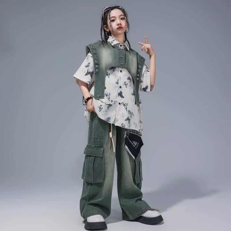 街舞児童潮服揚げ街馬甲セット夏少年hiphop演出服男女童ヒップホップ演出服