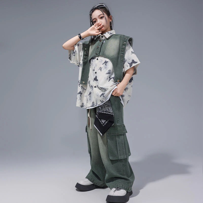 街舞児童潮服揚げ街馬甲セット夏少年hiphop演出服男女童ヒップホップ演出服